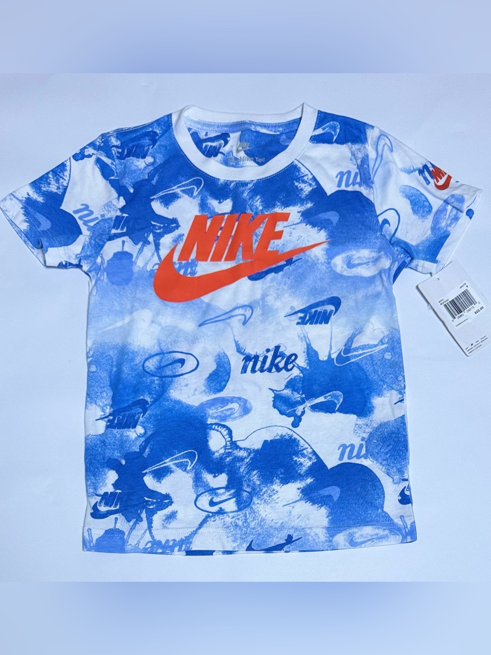 Nike Blue Graphic Tee with Orange Logo Boys Medium NWT